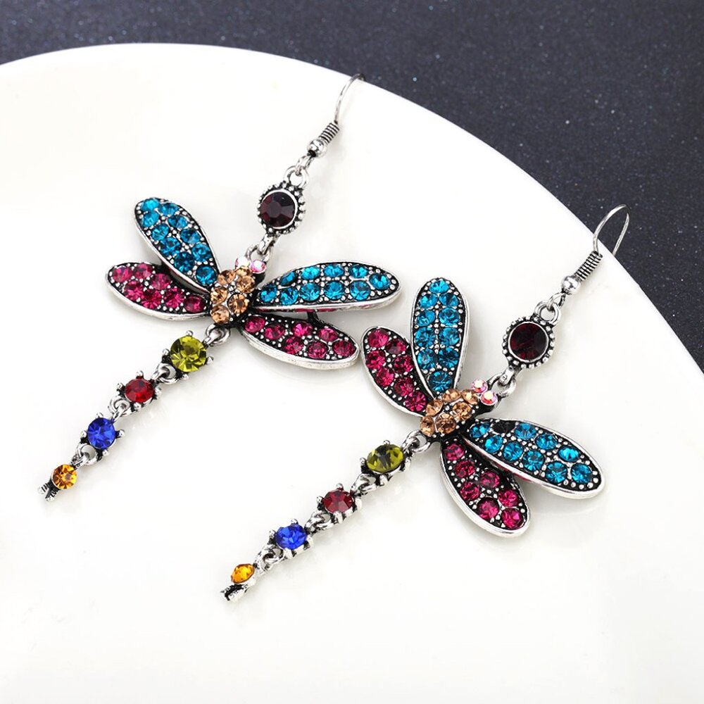 Multi Color Dragonfly Crystal Rhinestone Silver Plated Hook Earrings, VP1019 - Picture 3 of 5